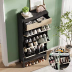 Scarpiera Garvee a 3 cassetti - Design scanalato stile rustico con gambe in metallo, organizer sottile per ingresso/corridoio, Bianco+rovere/Nero+rovere/Bianco+grigio