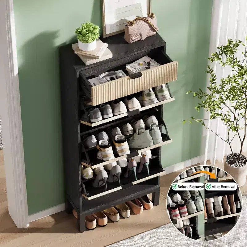 Scarpiera Garvee a 3 cassetti - Design scanalato stile rustico con gambe in metallo, organizer sottile per ingresso/corridoio, Bianco+rovere/Nero+rovere/Bianco+grigio