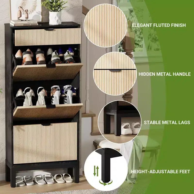 Scarpiera Garvee a 3 cassetti - Design scanalato stile rustico con gambe in metallo, organizer sottile per ingresso/corridoio, Bianco+rovere/Nero+rovere/Bianco+grigio