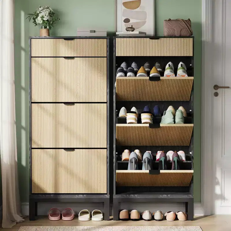 Scarpiera Garvee a 3 cassetti - Design scanalato stile rustico con gambe in metallo, organizer sottile per ingresso/corridoio, Bianco+rovere/Nero+rovere/Bianco+grigio