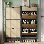 Scarpiera Garvee a 3 cassetti - Design scanalato stile rustico con gambe in metallo, organizer sottile per ingresso/corridoio, Bianco+rovere/Nero+rovere/Bianco+grigio
