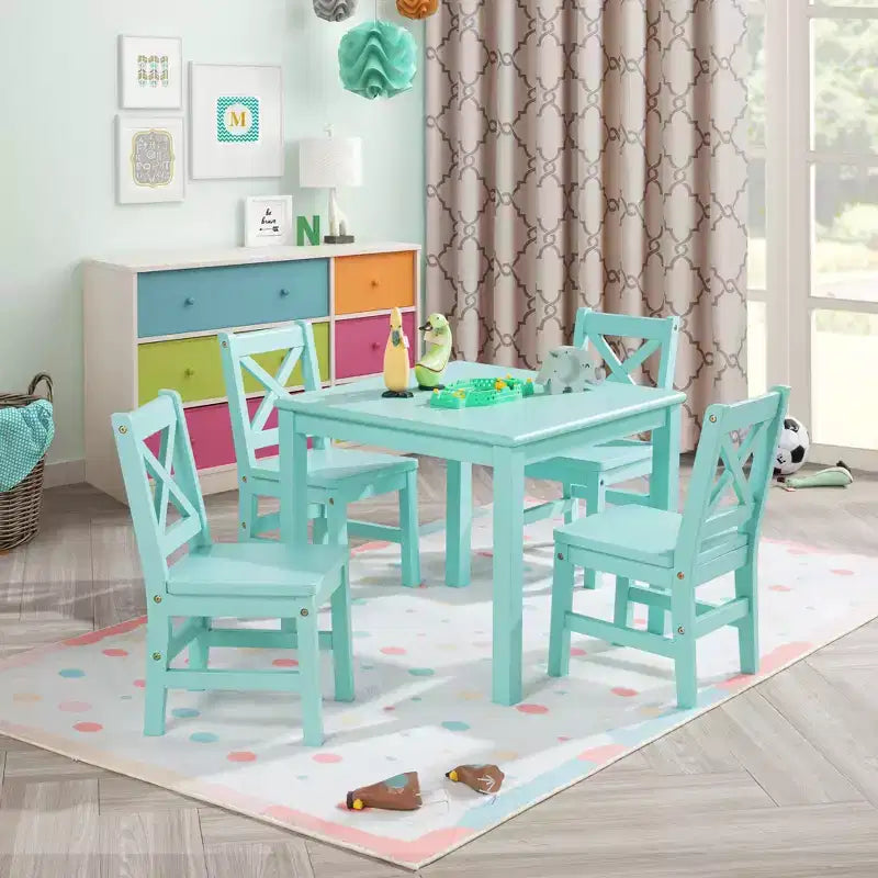 Set tavolo e sedie per bambini in legno massello eHemco (4 sedie incluse), set da 5 pezzi