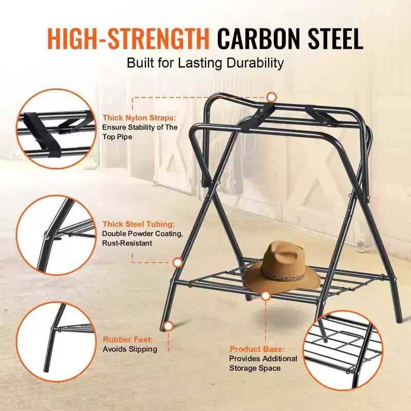 VEVOR Porta Sella Pieghevole, Porta Sella per Cavallo Autoportante, Porta Coperta per Cavallo Portatile, Porta Sella in Acciaio Resistente, Nero