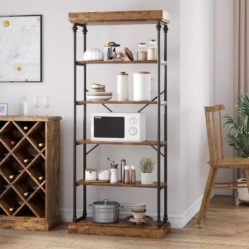 Libreria industriale a 6 ripiani in legno, scaffale aperto con struttura in metallo, grande scaffale espositivo grigio per camera da letto, soggiorno, ufficio