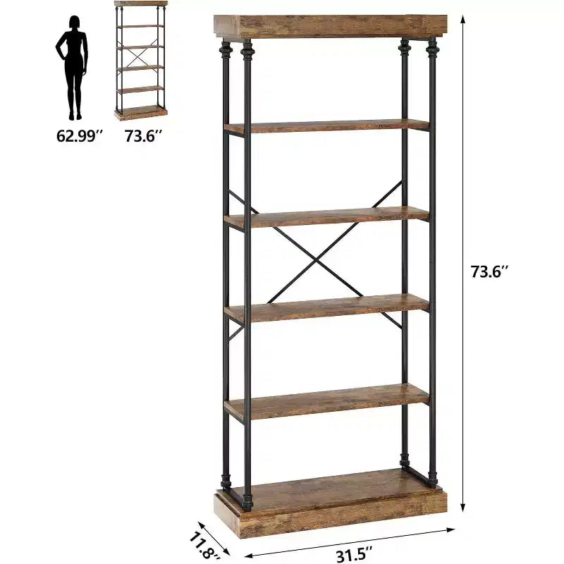 Libreria industriale a 6 ripiani in legno, scaffale aperto con struttura in metallo, grande scaffale espositivo grigio per camera da letto, soggiorno, ufficio
