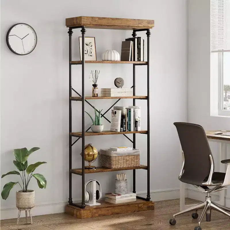 Libreria industriale a 6 ripiani in legno, scaffale aperto con struttura in metallo, grande scaffale espositivo grigio per camera da letto, soggiorno, ufficio