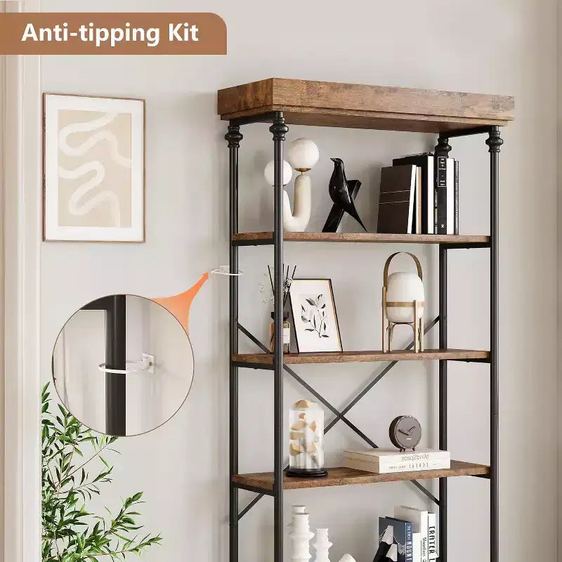 Libreria industriale a 6 ripiani in legno, scaffale aperto con struttura in metallo, grande scaffale espositivo grigio per camera da letto, soggiorno, ufficio