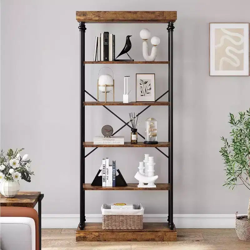 Libreria industriale a 6 ripiani in legno, scaffale aperto con struttura in metallo, grande scaffale espositivo grigio per camera da letto, soggiorno, ufficio