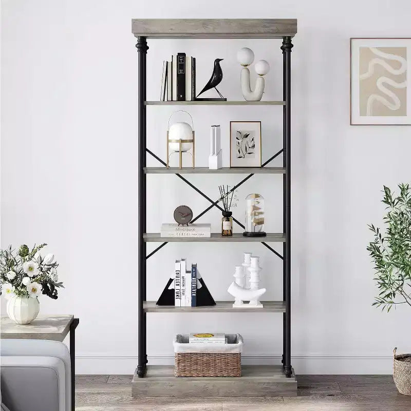 Libreria industriale a 6 ripiani in legno, scaffale aperto con struttura in metallo, grande scaffale espositivo grigio per camera da letto, soggiorno, ufficio