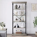Libreria industriale a 6 ripiani in legno, scaffale aperto con struttura in metallo, grande scaffale espositivo grigio per camera da letto, soggiorno, ufficio