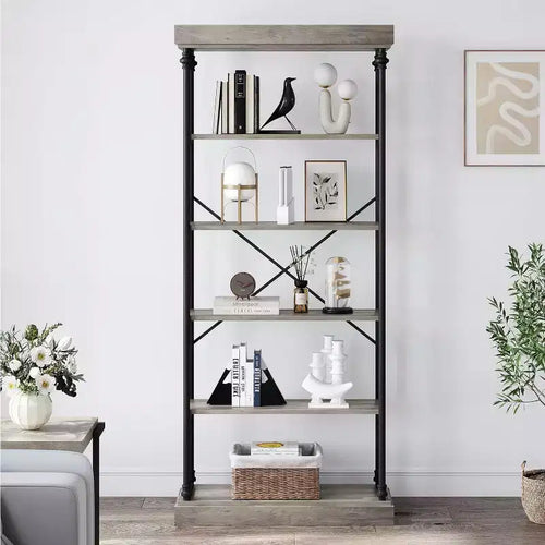 Étagère industrielle en bois à 6 niveaux, étagère ouverte avec cadre métallique, grande étagère de présentation grise pour chambre, salon, bureau