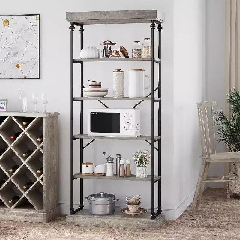 Libreria industriale a 6 ripiani in legno, scaffale aperto con struttura in metallo, grande scaffale espositivo grigio per camera da letto, soggiorno, ufficio