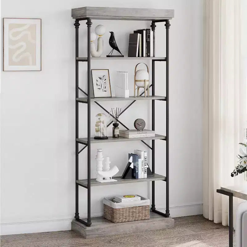 Libreria industriale a 6 ripiani in legno, scaffale aperto con struttura in metallo, grande scaffale espositivo grigio per camera da letto, soggiorno, ufficio
