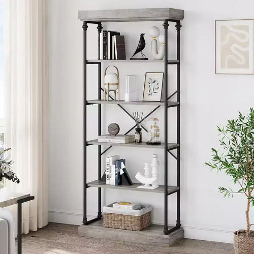 6 Tier Wooden Industrial Bookshelf,Open Shelf with Metal Frame,Large Grey Display Shelf for Bedroom,Living Room,Office