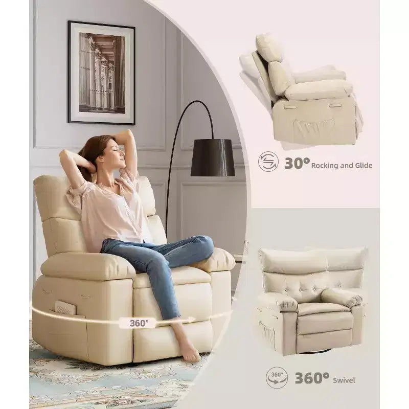 27 Poltrona reclinabile oversize con calore e massaggio, girevole a 360° e dondolio manuale, telecomando per soggiorno, camera da letto