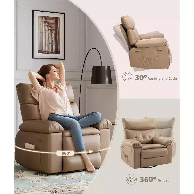 27 Poltrona reclinabile oversize con calore e massaggio, girevole a 360° e dondolio manuale, telecomando per soggiorno, camera da letto