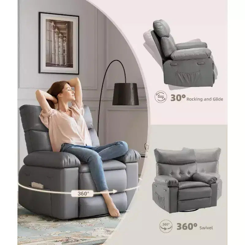 27 Poltrona reclinabile oversize con calore e massaggio, girevole a 360° e dondolio manuale, telecomando per soggiorno, camera da letto