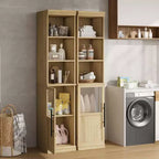 Armadietto contenitore alto e stretto da 70 cm con anta in vetro, ripiani aperti, mobiletto sottile da bagno autoportante per piccoli spazi, cucina, lavanderia, soggiorno