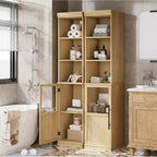 Armadietto contenitore alto e stretto da 70 cm con anta in vetro, ripiani aperti, mobiletto sottile da bagno autoportante per piccoli spazi, cucina, lavanderia, soggiorno