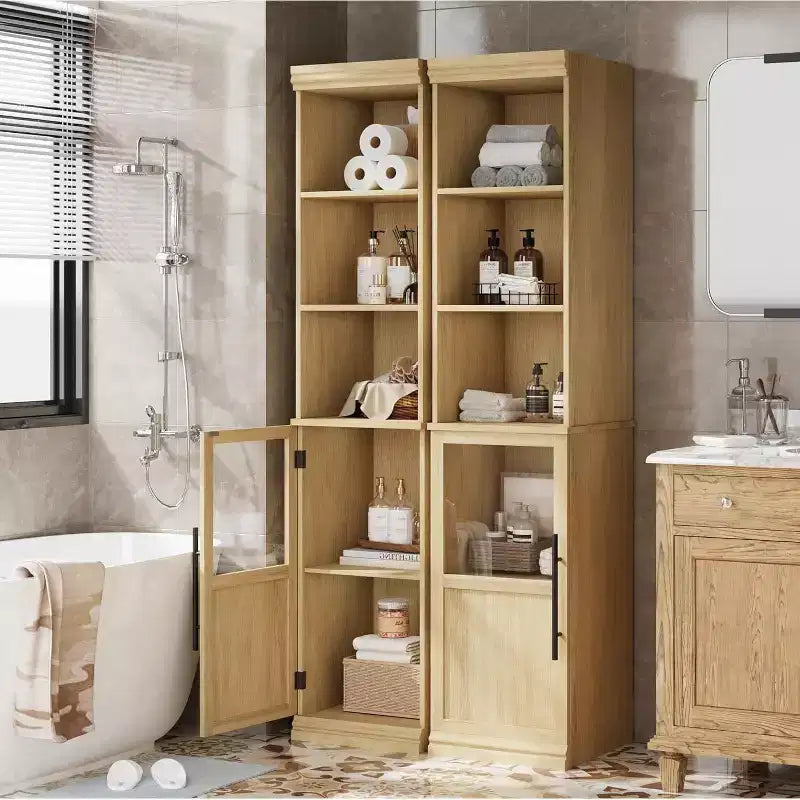 Armadietto contenitore alto e stretto da 70 cm con anta in vetro, ripiani aperti, mobiletto sottile da bagno autoportante per piccoli spazi, cucina, lavanderia, soggiorno