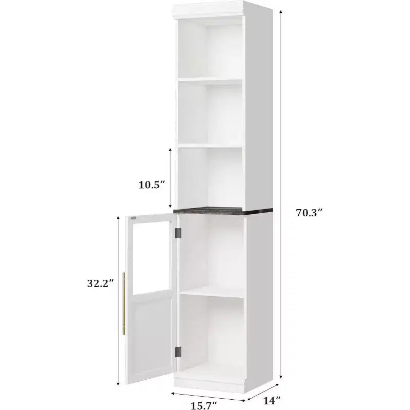 Armadietto contenitore alto e stretto da 70 cm con anta in vetro, ripiani aperti, mobiletto sottile da bagno autoportante per piccoli spazi, cucina, lavanderia, soggiorno