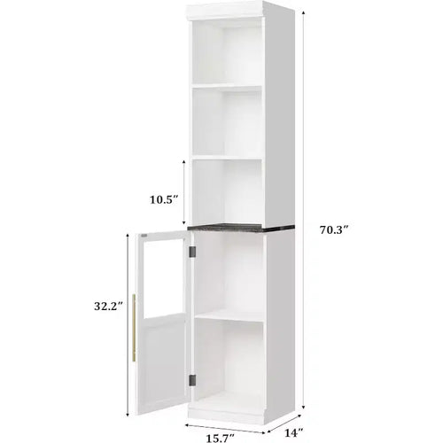 Armadietto contenitore alto e stretto da 70 cm con anta in vetro, ripiani aperti, mobiletto sottile da bagno autoportante per piccoli spazi, cucina, lavanderia, soggiorno