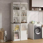 Armadietto contenitore alto e stretto da 70 cm con anta in vetro, ripiani aperti, mobiletto sottile da bagno autoportante per piccoli spazi, cucina, lavanderia, soggiorno