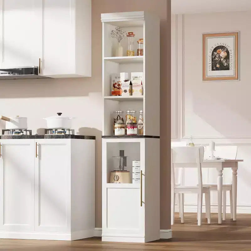 Armadietto contenitore alto e stretto da 70 cm con anta in vetro, ripiani aperti, mobiletto sottile da bagno autoportante per piccoli spazi, cucina, lavanderia, soggiorno