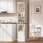 Armadietto contenitore alto e stretto da 70 cm con anta in vetro, ripiani aperti, mobiletto sottile da bagno autoportante per piccoli spazi, cucina, lavanderia, soggiorno