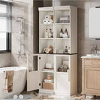 Armadietto contenitore alto e stretto da 70 cm con anta in vetro, ripiani aperti, mobiletto sottile da bagno autoportante per piccoli spazi, cucina, lavanderia, soggiorno