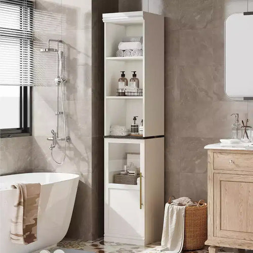 70 Tall Narrow Storage Cabinet with Glass Door, Open Shelves, Freestanding Slim Bathroom Cabinet for Small Spaces, Kitchen, Laundry Room, Living Room