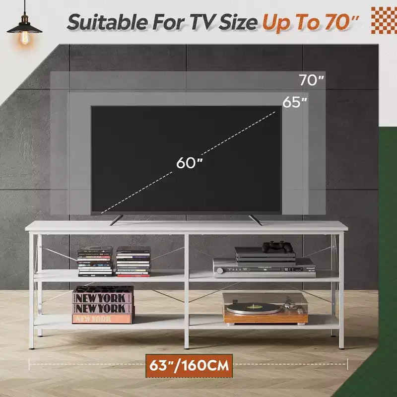 Mobile TV da 70 pollici per soggiorno e camera da letto, consolle multimediale da 63 pollici con ripiani portaoggetti a 3 livelli