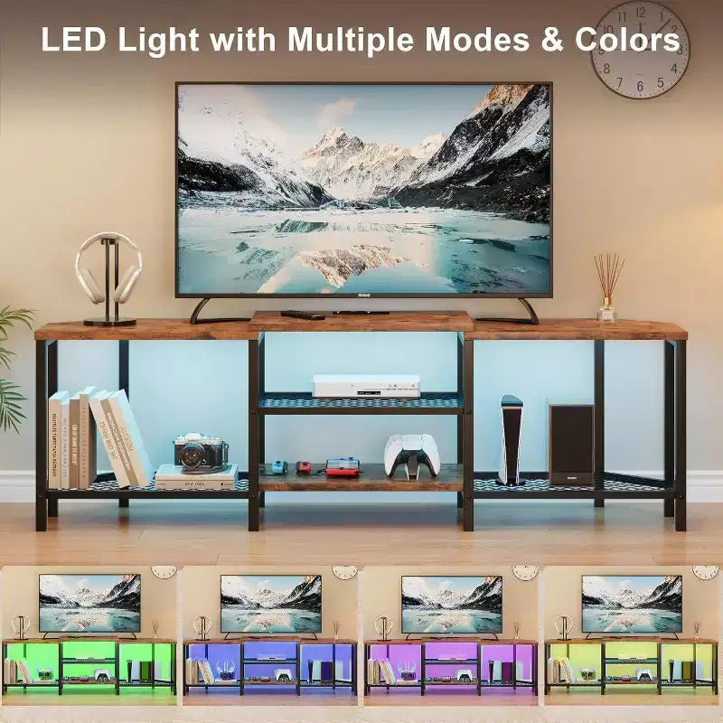 Mobile porta TV Acekool da 67 pollici con luci LED, prese di corrente e 4 ripiani aperti, console multimediale grigia per TV da 55/65/75 pollici, centro di intrattenimento ad angolo