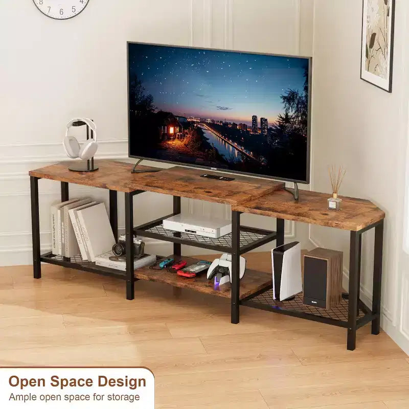 Mobile porta TV Acekool da 67 pollici con luci LED, prese di corrente e 4 ripiani aperti, console multimediale grigia per TV da 55/65/75 pollici, centro di intrattenimento ad angolo