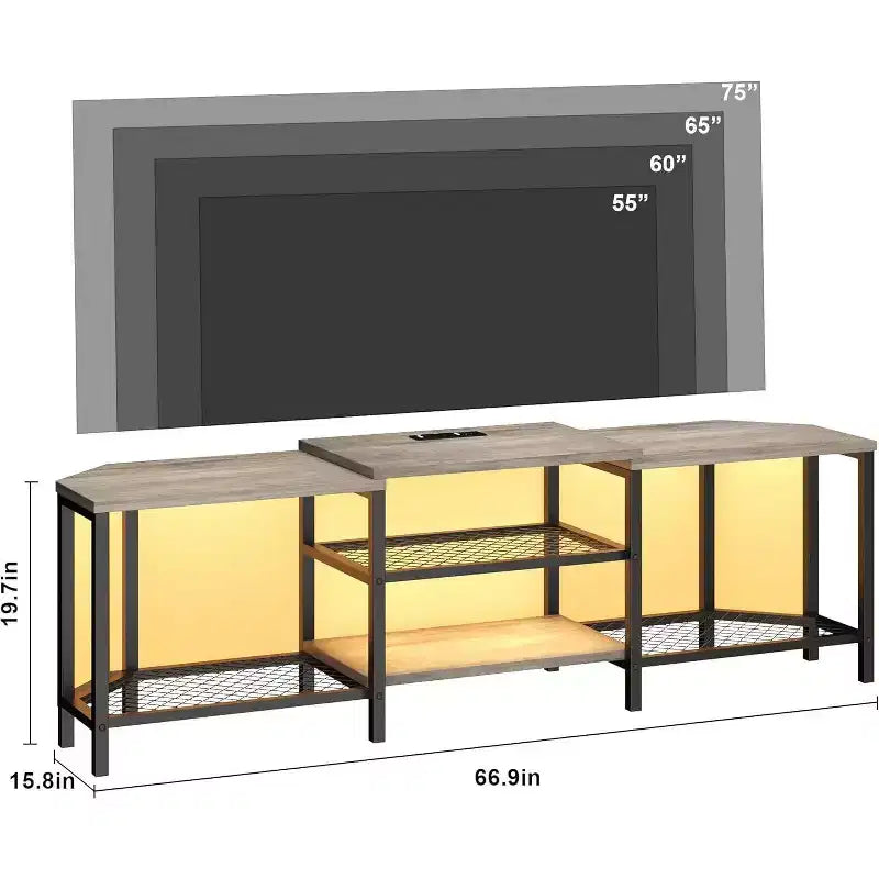 Mobile porta TV Acekool da 67 pollici con luci LED, prese di corrente e 4 ripiani aperti, console multimediale grigia per TV da 55/65/75 pollici, centro di intrattenimento ad angolo