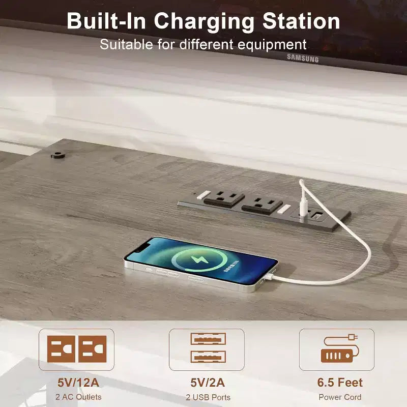 Mobile porta TV Acekool da 67 pollici con luci LED, prese di corrente e 4 ripiani aperti, console multimediale grigia per TV da 55/65/75 pollici, centro di intrattenimento ad angolo