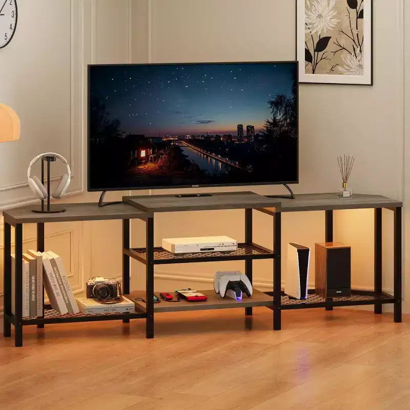 Acekool 67 Inch TV Stand with LED Lights, Power Outlets & 4 Open Shelves, Grey Media Console for 55/65/75 Inch TV, Corner Entertainment Center