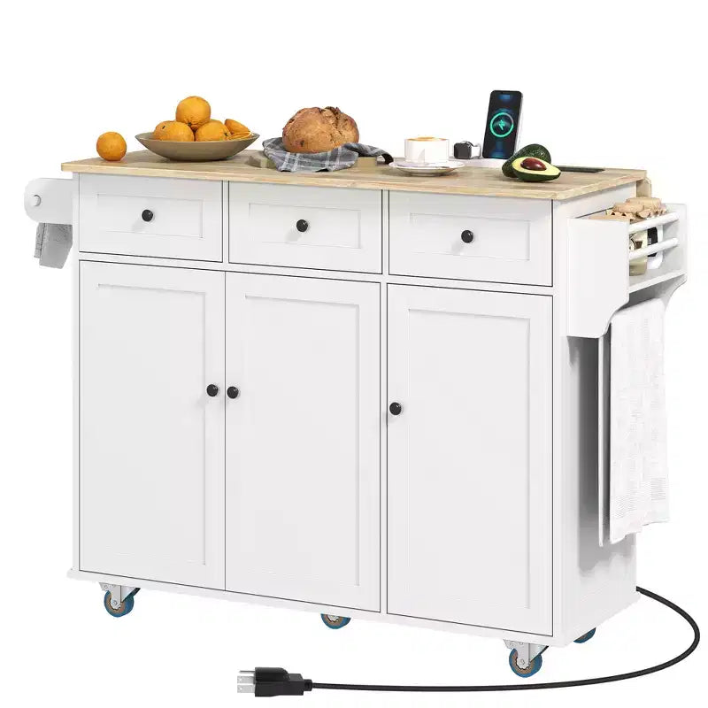 HOMCOM Isola Carrello Cucina con Stazione di Ricarica e Piano a Ribalta, Tavolo Isola da Cucina 135 cm con Piano in Legno, 3 Cassetti, Ripiano Regolabile