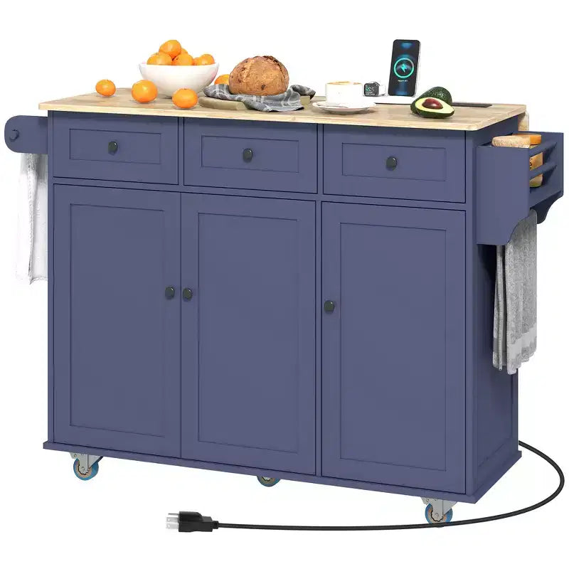 HOMCOM Isola Carrello Cucina con Stazione di Ricarica e Piano a Ribalta, Tavolo Isola da Cucina 135 cm con Piano in Legno, 3 Cassetti, Ripiano Regolabile