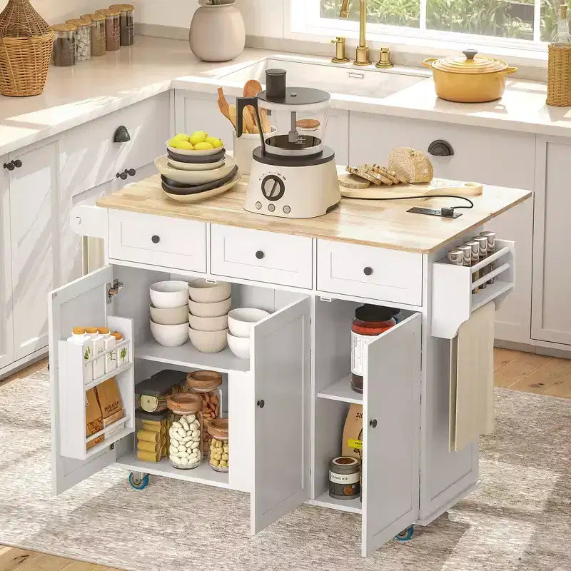 HOMCOM Isola Carrello Cucina con Stazione di Ricarica e Piano a Ribalta, Tavolo Isola da Cucina 135 cm con Piano in Legno, 3 Cassetti, Ripiano Regolabile