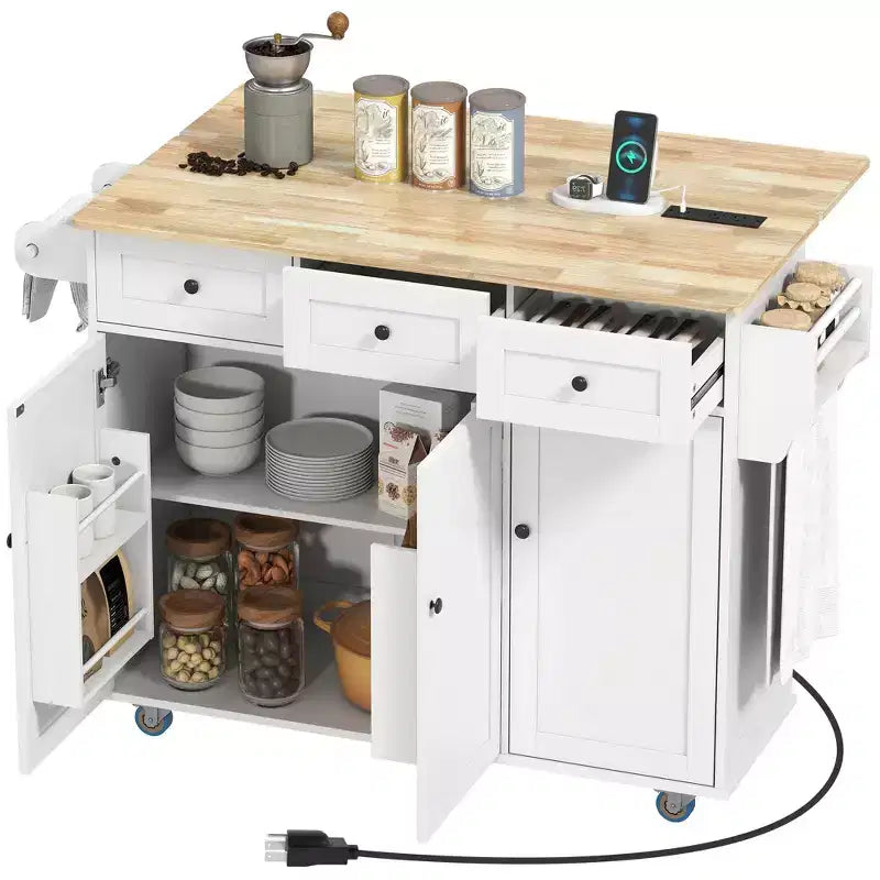 HOMCOM Isola Carrello Cucina con Stazione di Ricarica e Piano a Ribalta, Tavolo Isola da Cucina 135 cm con Piano in Legno, 3 Cassetti, Ripiano Regolabile