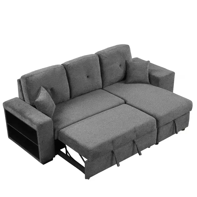 Divano Sezionale a L Reversibile con Chaise Longue Contenitore, Ripiano Laterale e 2 Sgabelli - Divano Letto Estraibile per Soggiorno