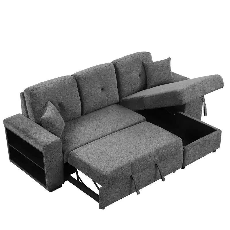 Divano Sezionale a L Reversibile con Chaise Longue Contenitore, Ripiano Laterale e 2 Sgabelli - Divano Letto Estraibile per Soggiorno