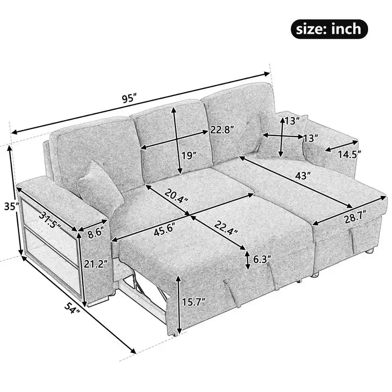 Divano Sezionale a L Reversibile con Chaise Longue Contenitore, Ripiano Laterale e 2 Sgabelli - Divano Letto Estraibile per Soggiorno