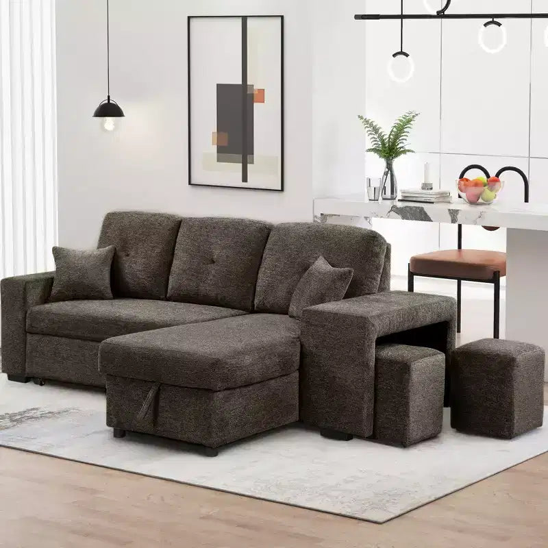 Divano Sezionale a L Reversibile con Chaise Longue Contenitore, Ripiano Laterale e 2 Sgabelli - Divano Letto Estraibile per Soggiorno