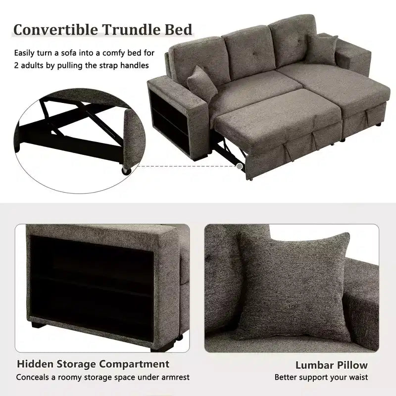 Divano Sezionale a L Reversibile con Chaise Longue Contenitore, Ripiano Laterale e 2 Sgabelli - Divano Letto Estraibile per Soggiorno