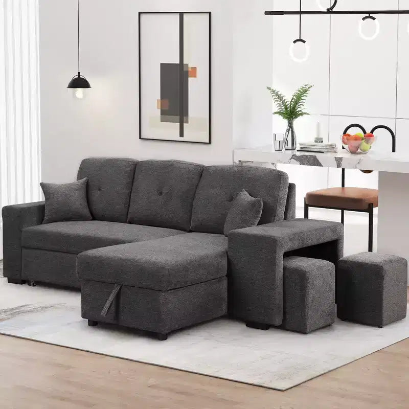 Divano Sezionale a L Reversibile con Chaise Longue Contenitore, Ripiano Laterale e 2 Sgabelli - Divano Letto Estraibile per Soggiorno