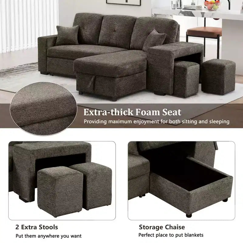 Divano Sezionale a L Reversibile con Chaise Longue Contenitore, Ripiano Laterale e 2 Sgabelli - Divano Letto Estraibile per Soggiorno