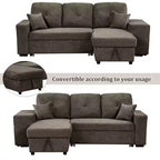 Divano Sezionale a L Reversibile con Chaise Longue Contenitore, Ripiano Laterale e 2 Sgabelli - Divano Letto Estraibile per Soggiorno