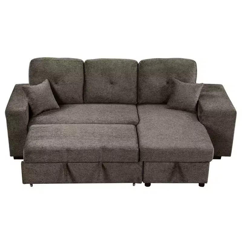 Divano Sezionale a L Reversibile con Chaise Longue Contenitore, Ripiano Laterale e 2 Sgabelli - Divano Letto Estraibile per Soggiorno